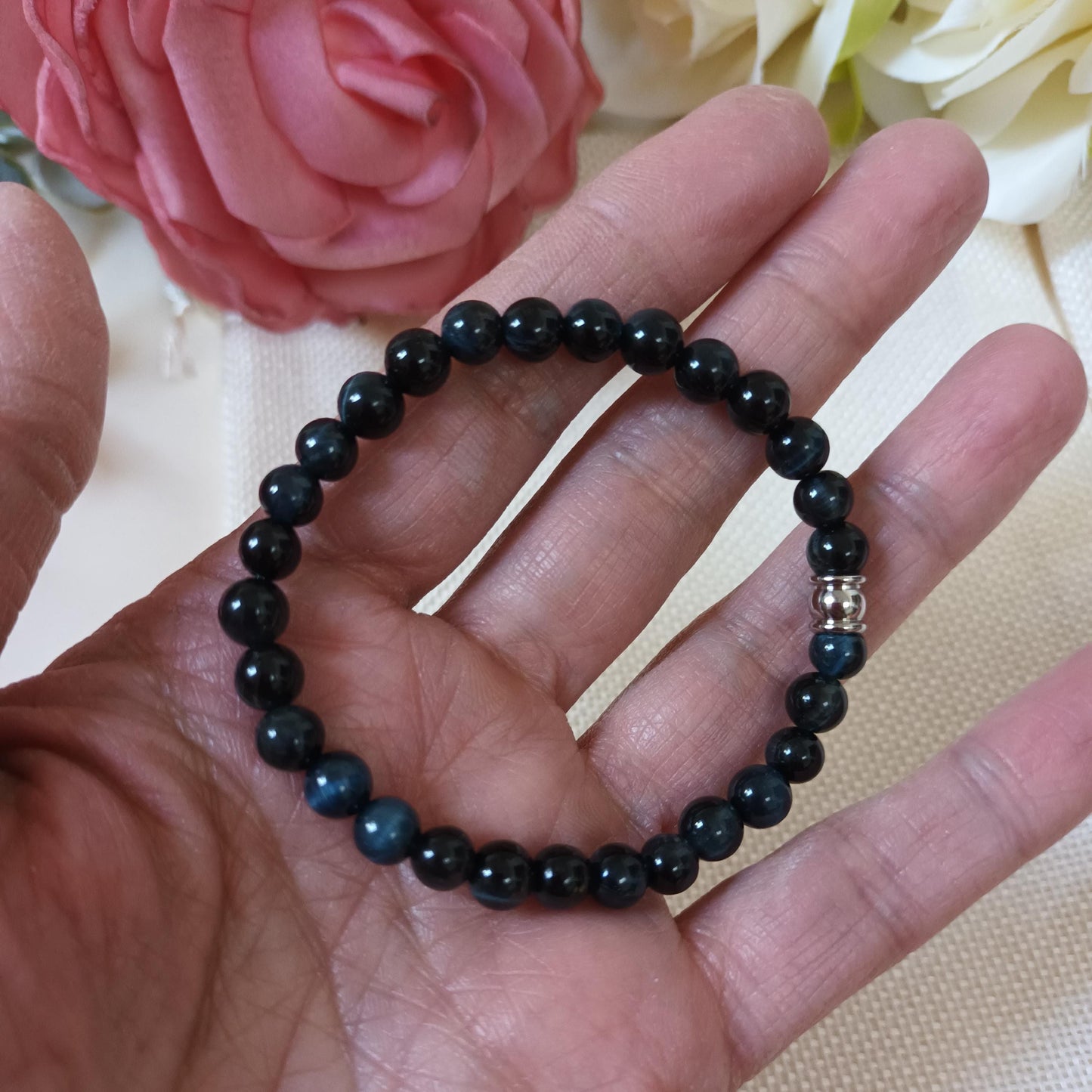 Bracelet œil de faucon 6 mm – perle acier inox – élastique
