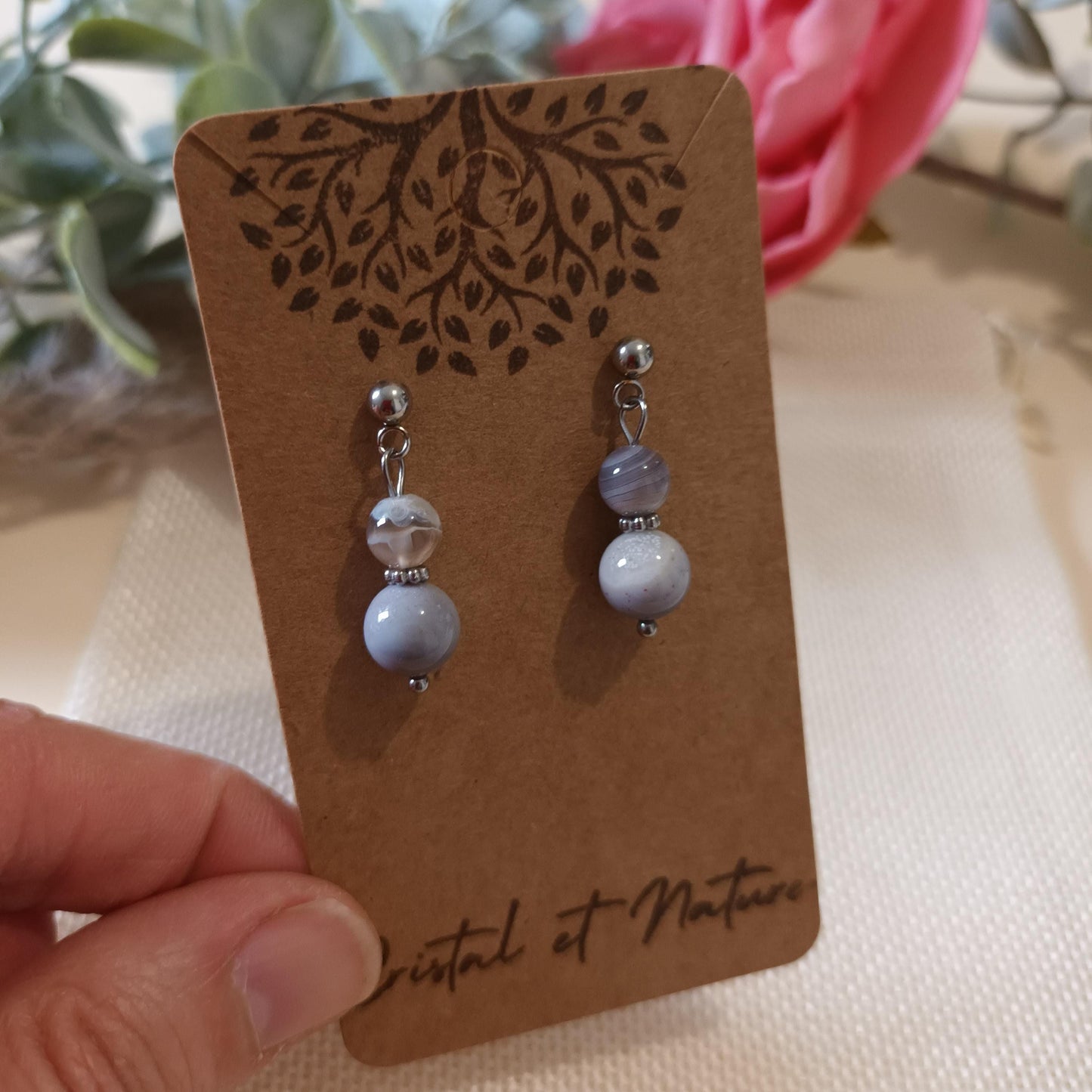 Boucles d’oreilles agate Botswana – acier inox argent – 2,8 × 0,8 cm