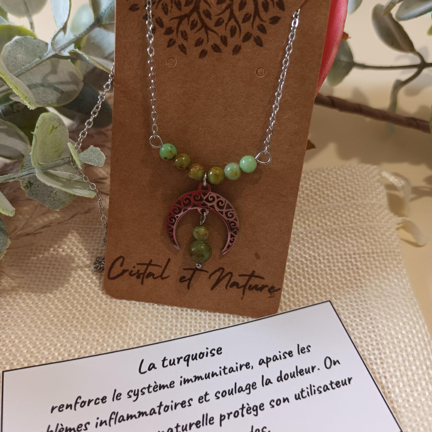 Collier turquoise de Mongolie – corne tribale argent 3,5 × 3,2 cm – perles 4 & 6 mm – acier inox