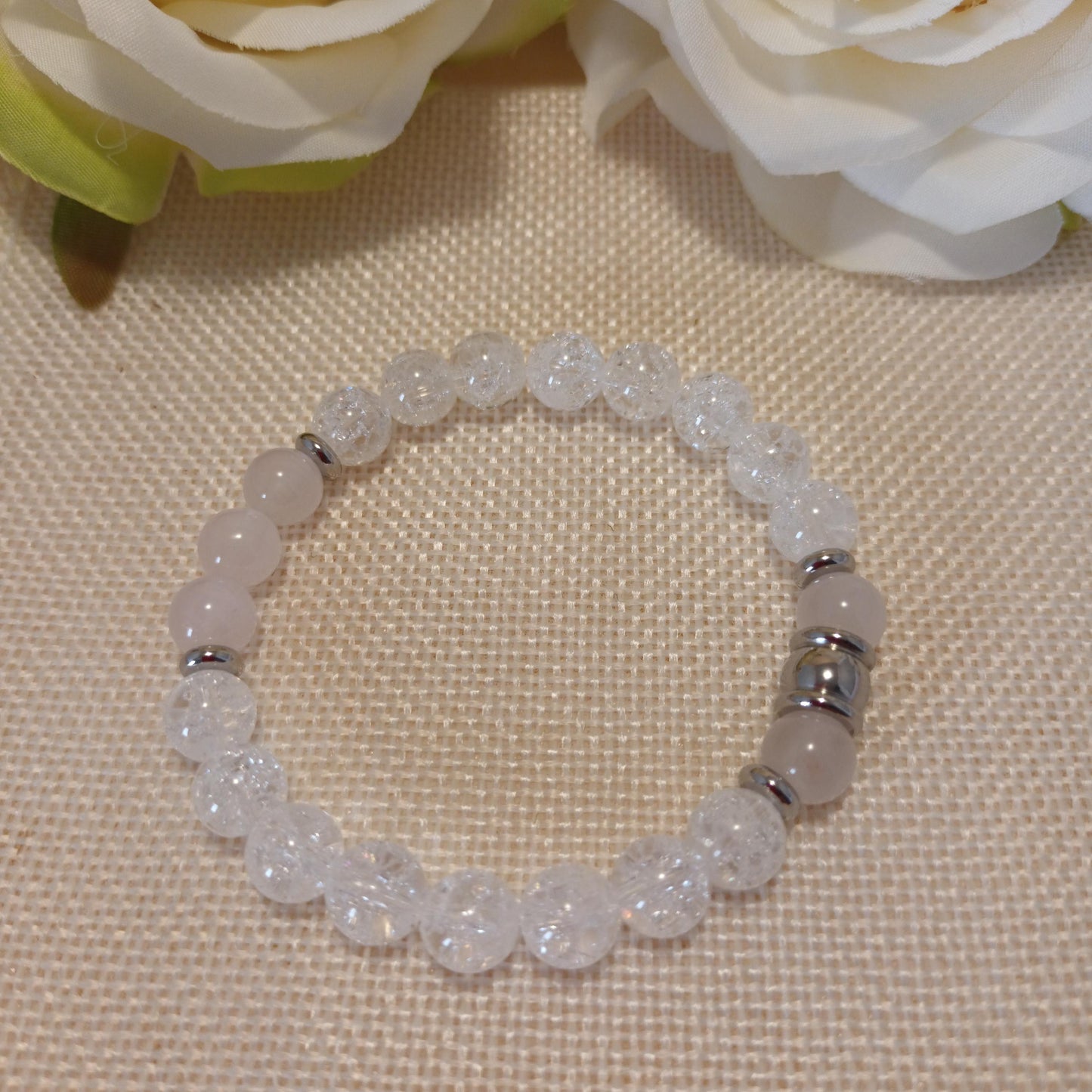 Bracelet cristal de roche craquelé et quartz rose 8 mm - perles acier inox - élastique 15,5 cm