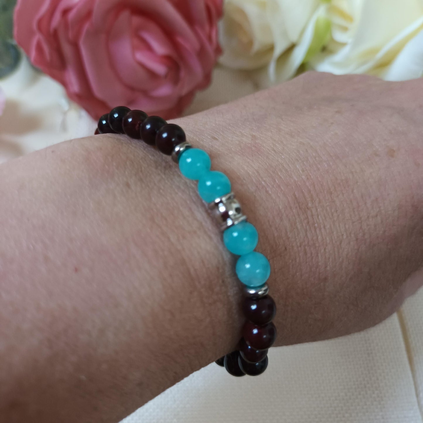 Bracelet bois foncé 6mm - amazonite du Pérou - perles acier inox - élastique
