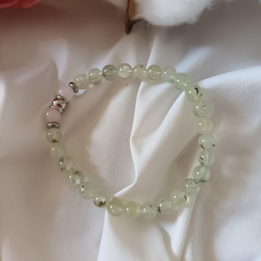 Bracelet préhnite et quartz rose – perles 6 mm – élastique
