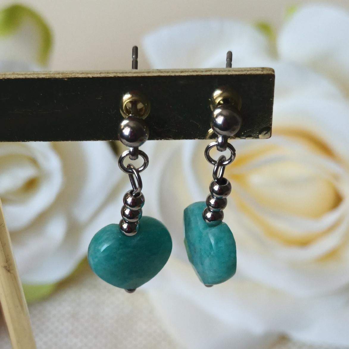 Boucles d’oreilles amazonite - cœur - acier inox - 3,2 cm