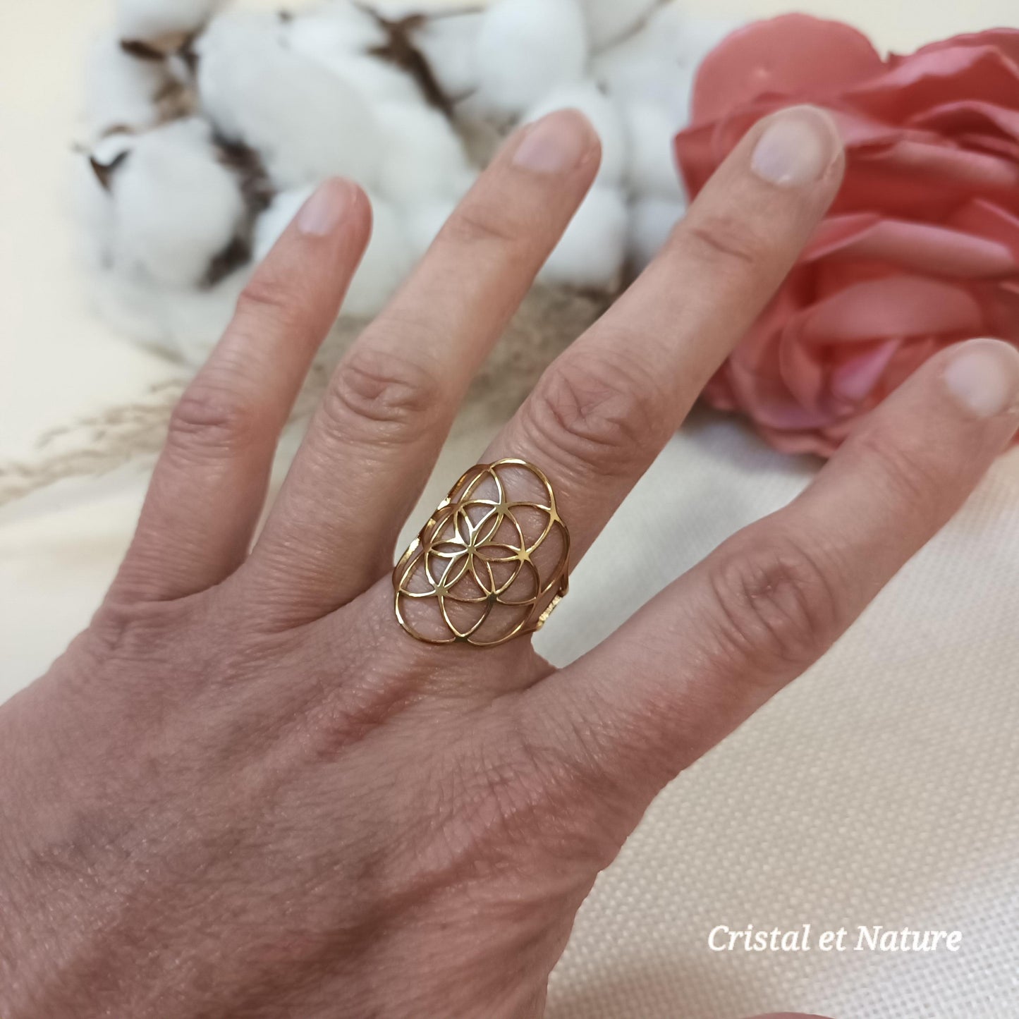 Bague fleur de vie dorée réglable – acier inoxydable or