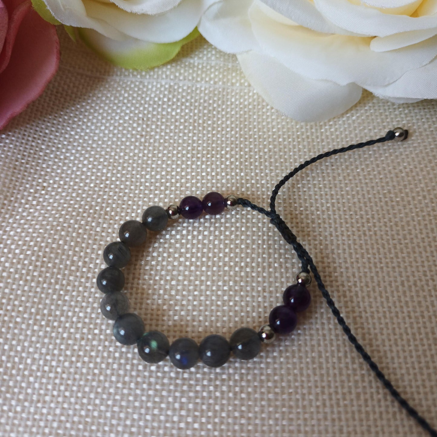 Bracelet labradorite et améthyste perles 6 mm - acier inox - réglable - enfant
