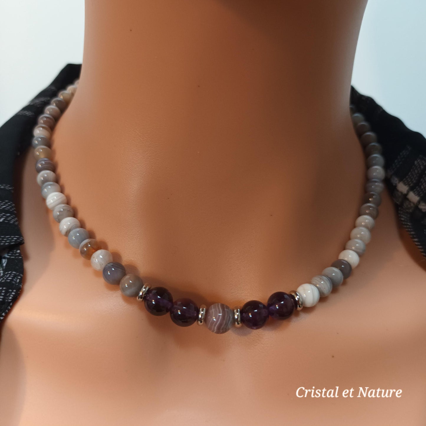 Collier macramé ajustable – perles agate Botswana et améthyste