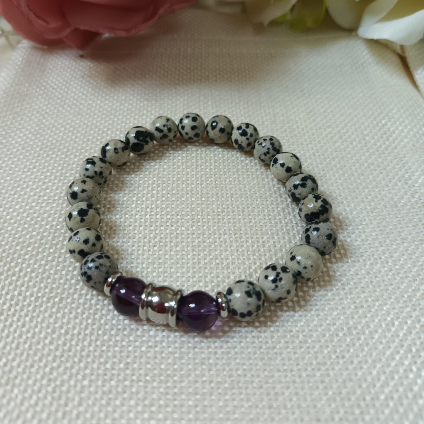 Bracelet jaspe dalmatien et améthyste 8 mm - perles acier inox - élastique