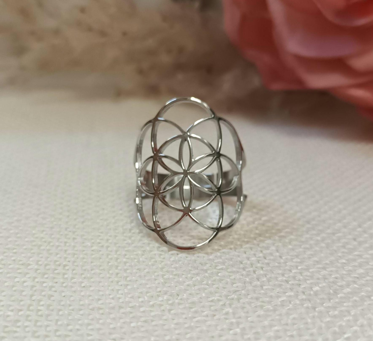Bague fleur de vie réglable – acier inoxydable argenté