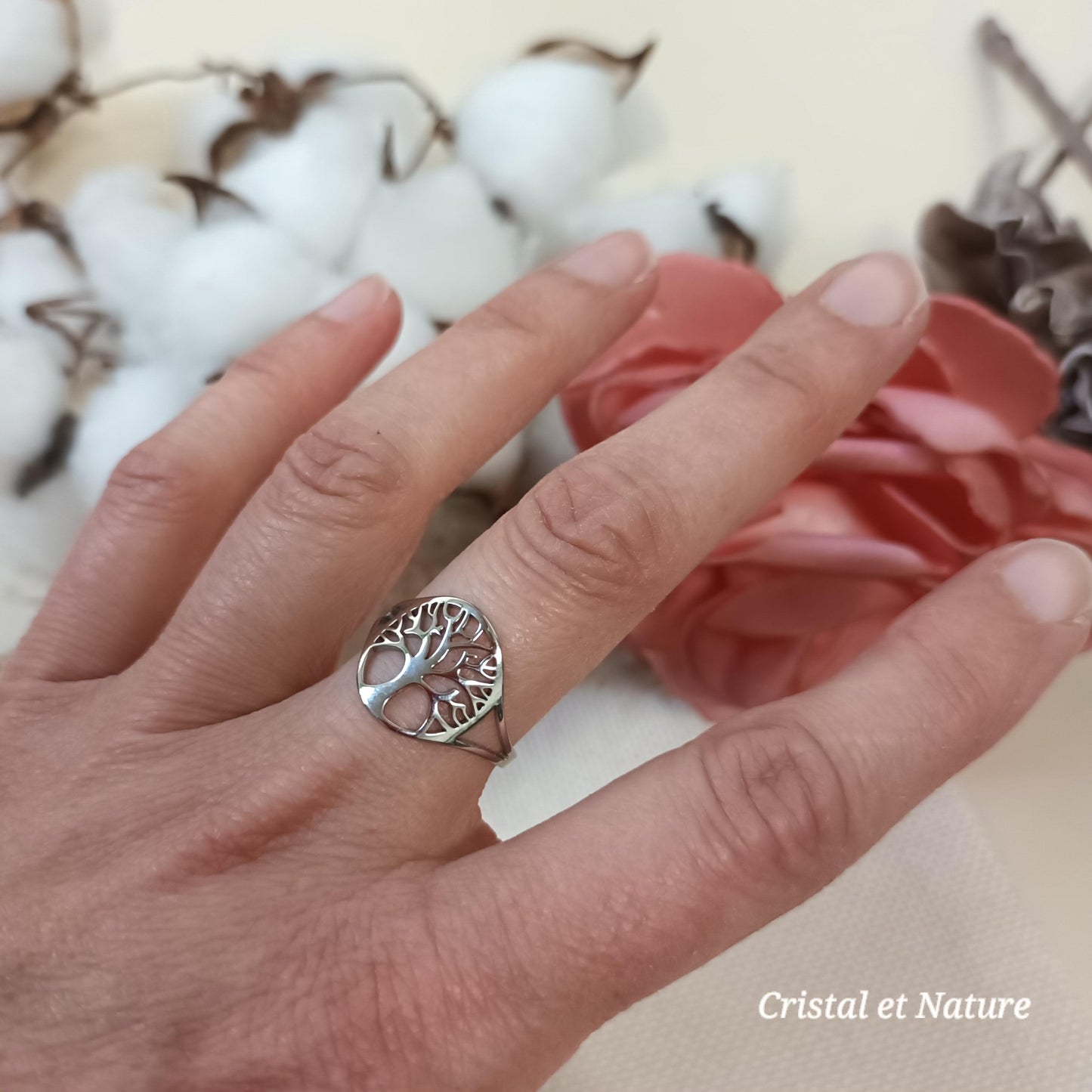 Bague arbre de vie réglable – acier inoxydable argenté