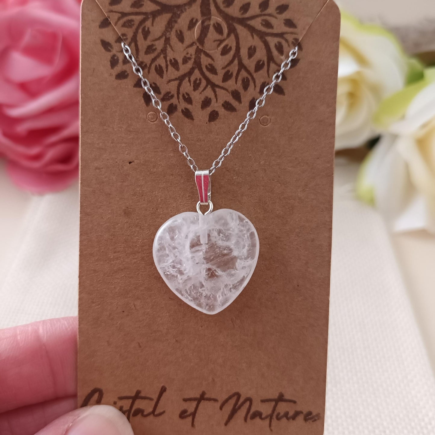 Pendentif cœur cristal de roche 2 × 2 cm - chaîne acier inox argent