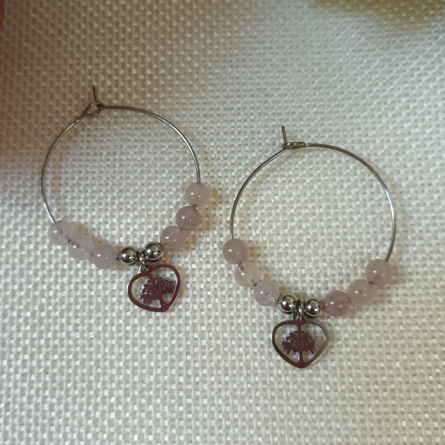 Boucles d’oreilles quartz rose - anneaux - acier inox argent - 4 × 3 cm