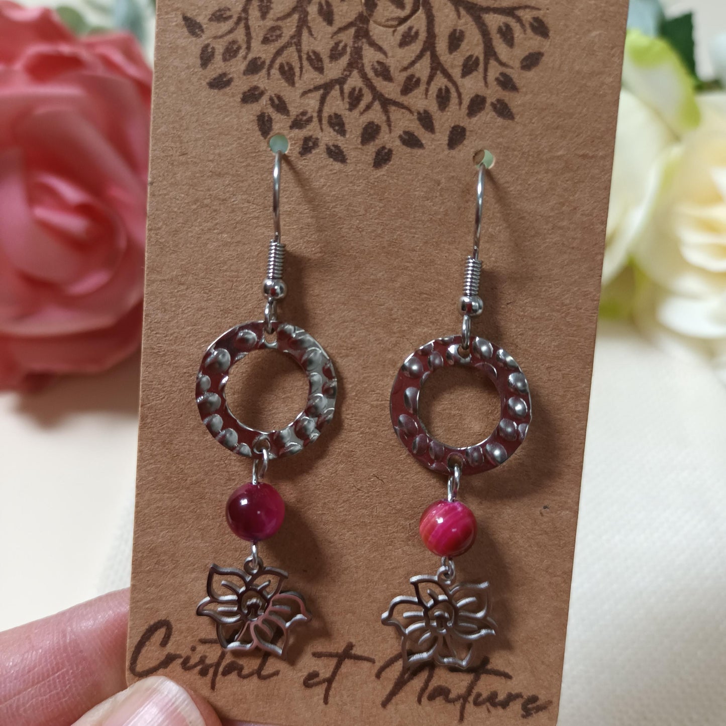 Boucles d’oreilles œil de tigre teinté - acier inox argent - 5,6 × 1,5 cm