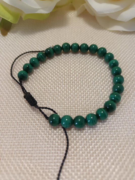 Bracelet malachite 6 mm - micro-macramé - réglable