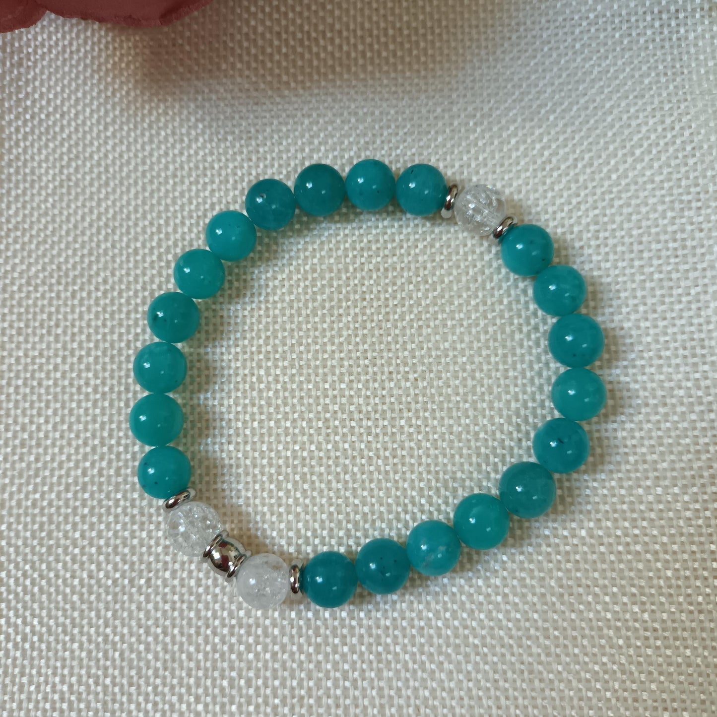 Bracelet amazonite du Pérou - cristal de roche 8 mm - perles acier inox - élastique 18 cm