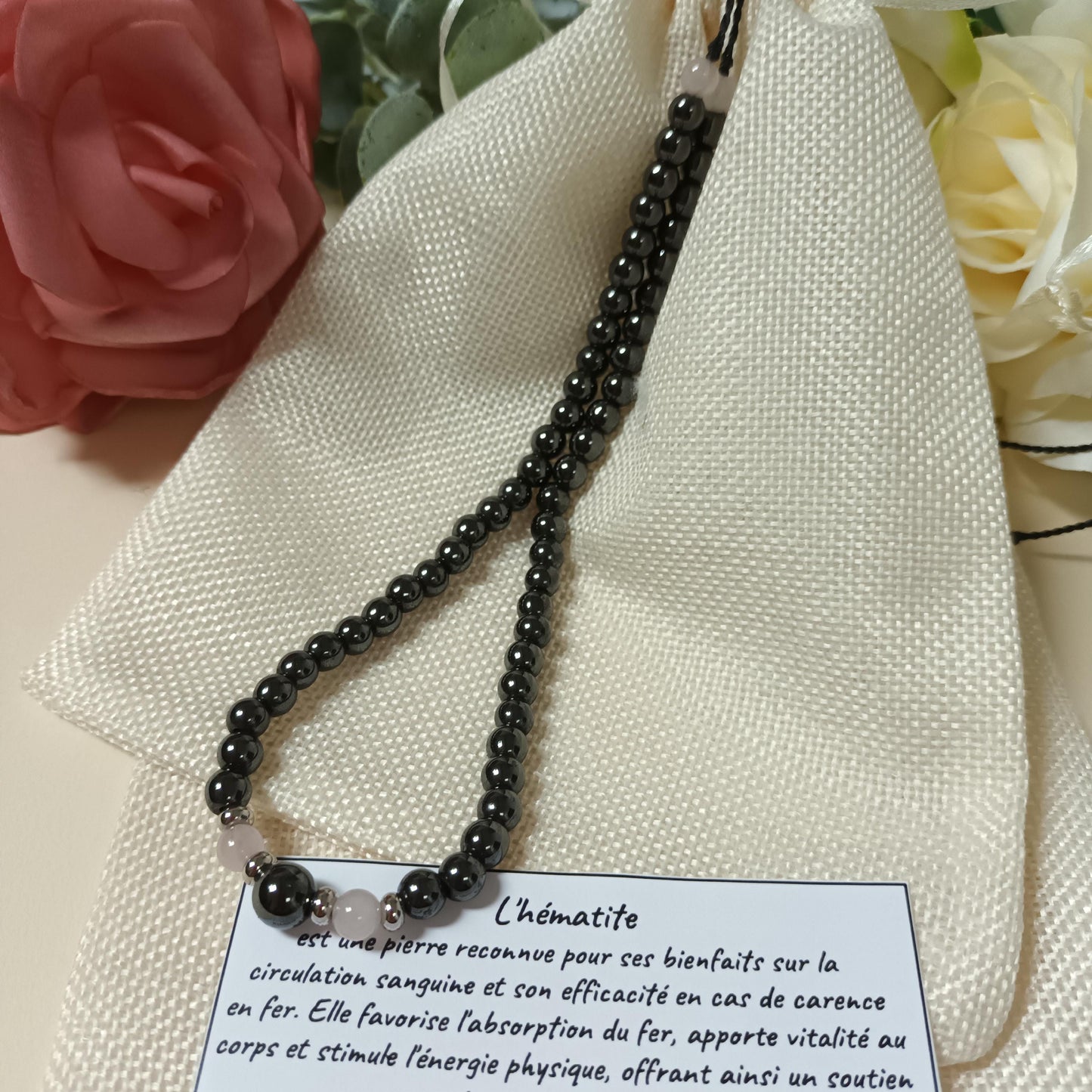 Collier hématite magnétique et quartz rose – perles inox – lien réglable