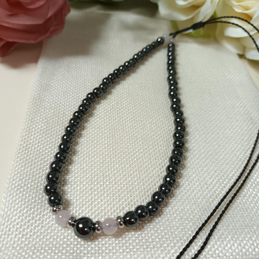 Collier hématite magnétique et quartz rose – perles inox – lien réglable