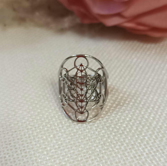 Bague cube de Métatron réglable – acier inoxydable argenté – géométrie sacrée