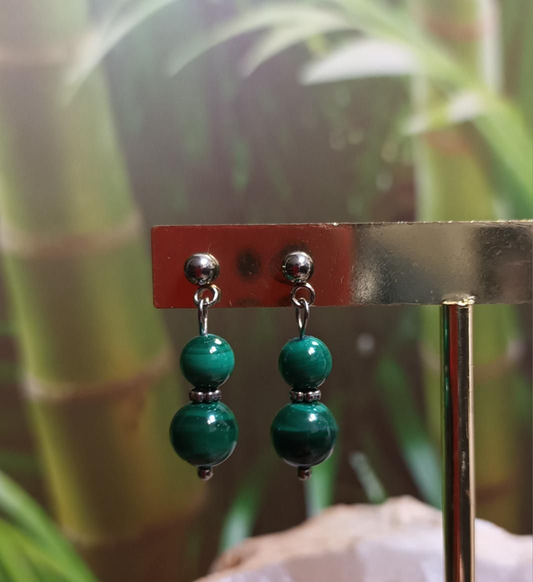 Boucles d’oreilles malachite - acier inoxydable - 2,9 × 0,8 cm