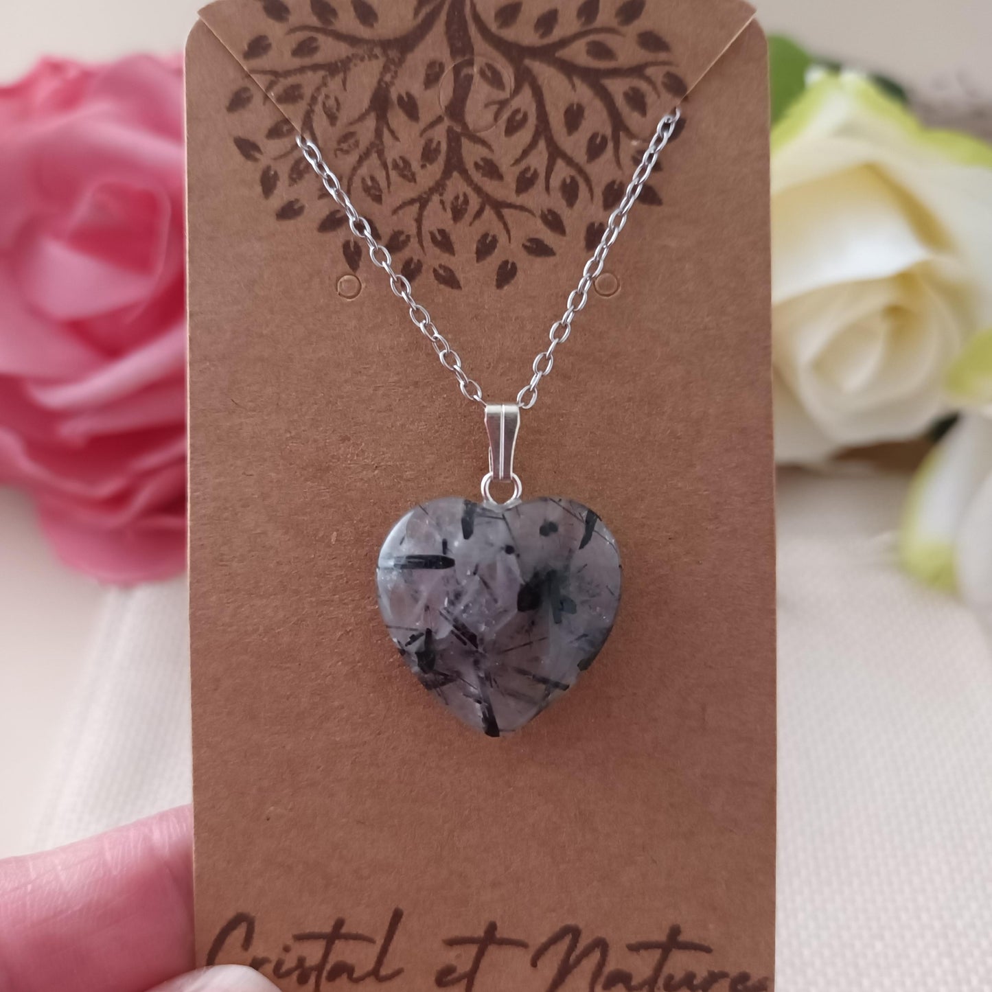 Pendentif cœur quartz tourmaline 2 × 2 cm - chaîne acier inox argent