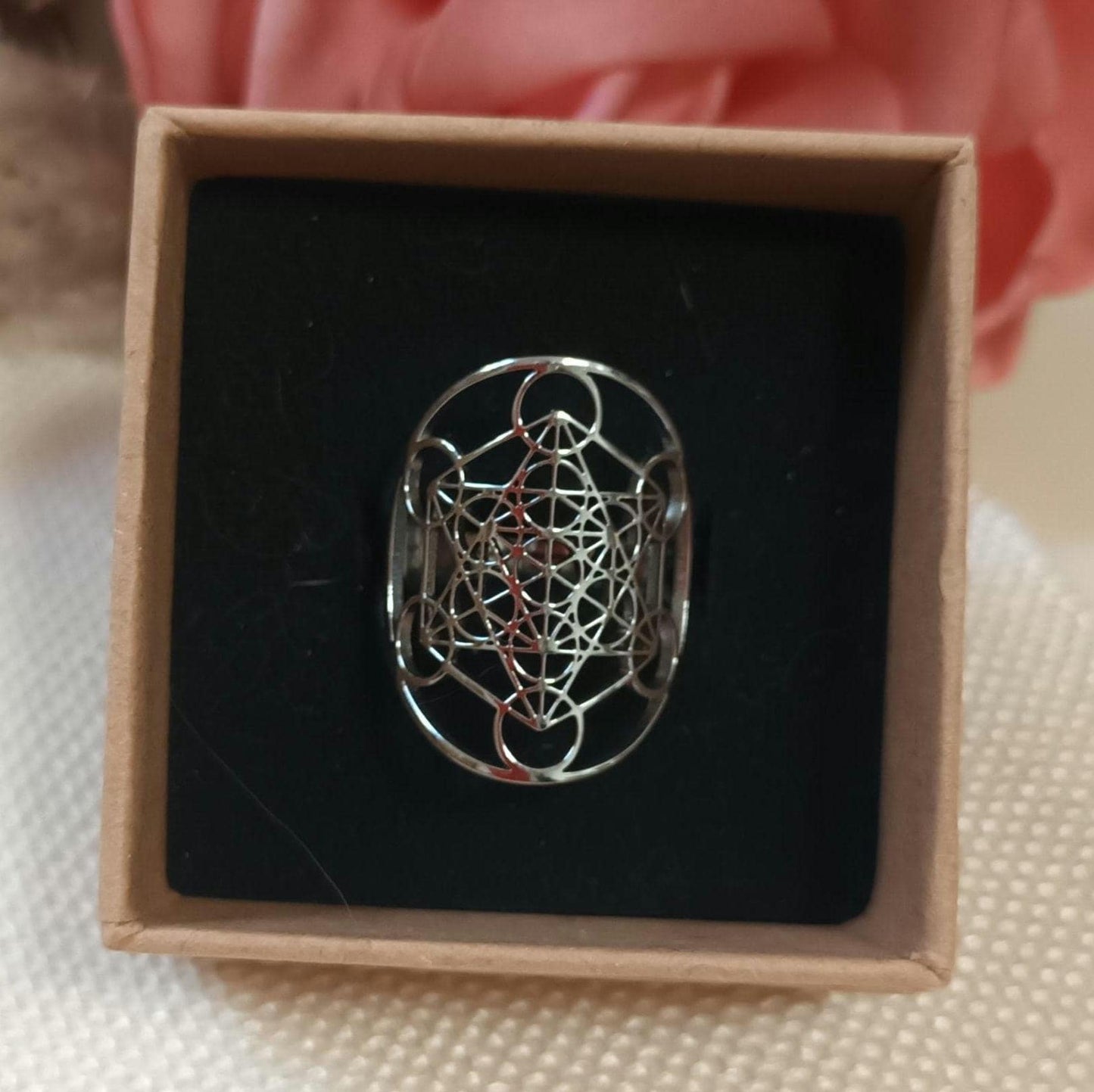 Bague cube de Métatron réglable – acier inoxydable argenté – géométrie sacrée
