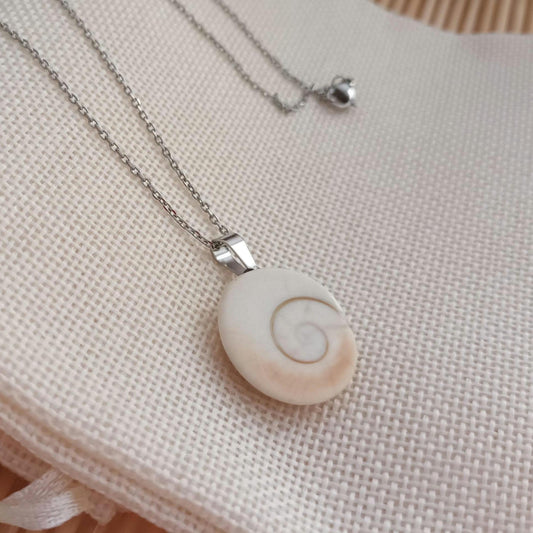 Pendentif œil de Sainte‑Lucie – porte‑bonheur naturel – acier inoxydable argenté