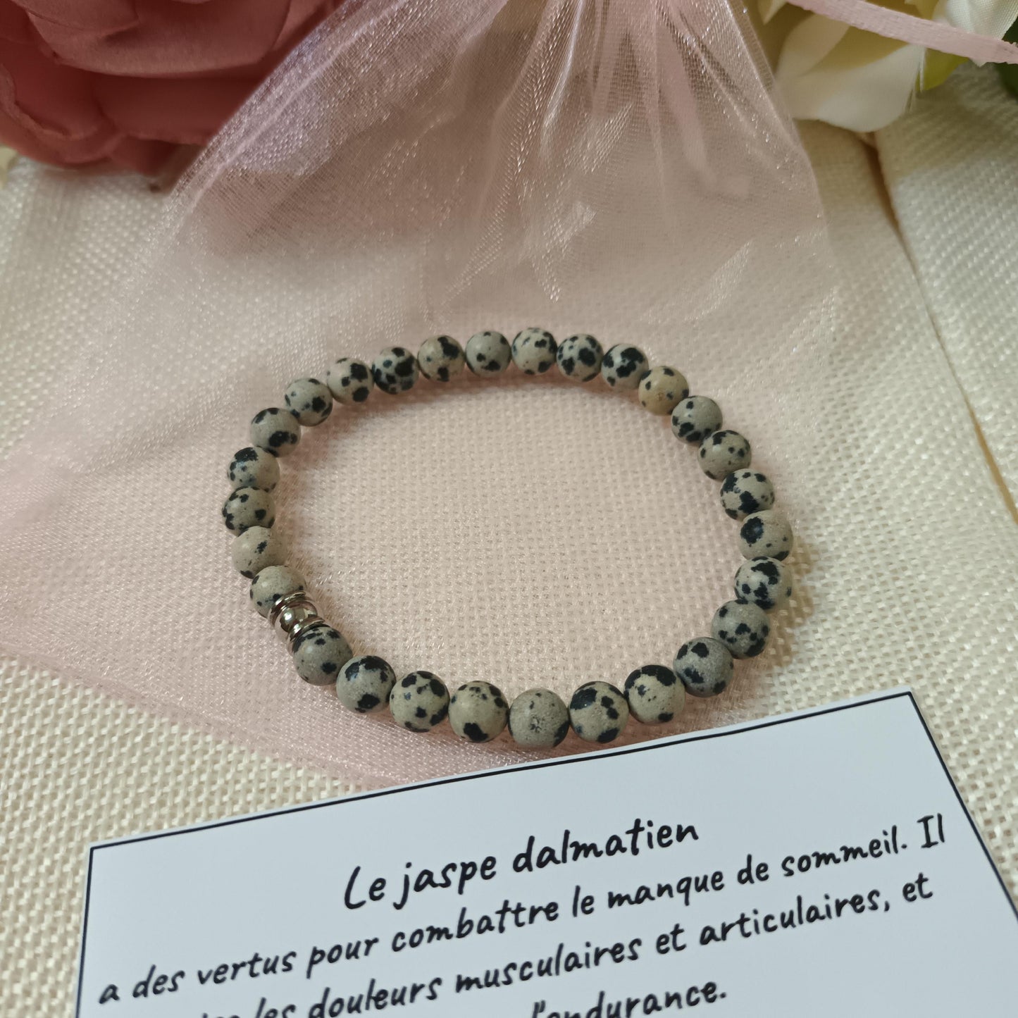 Bracelet jaspe dalmatien – perles 6 mm – élastique