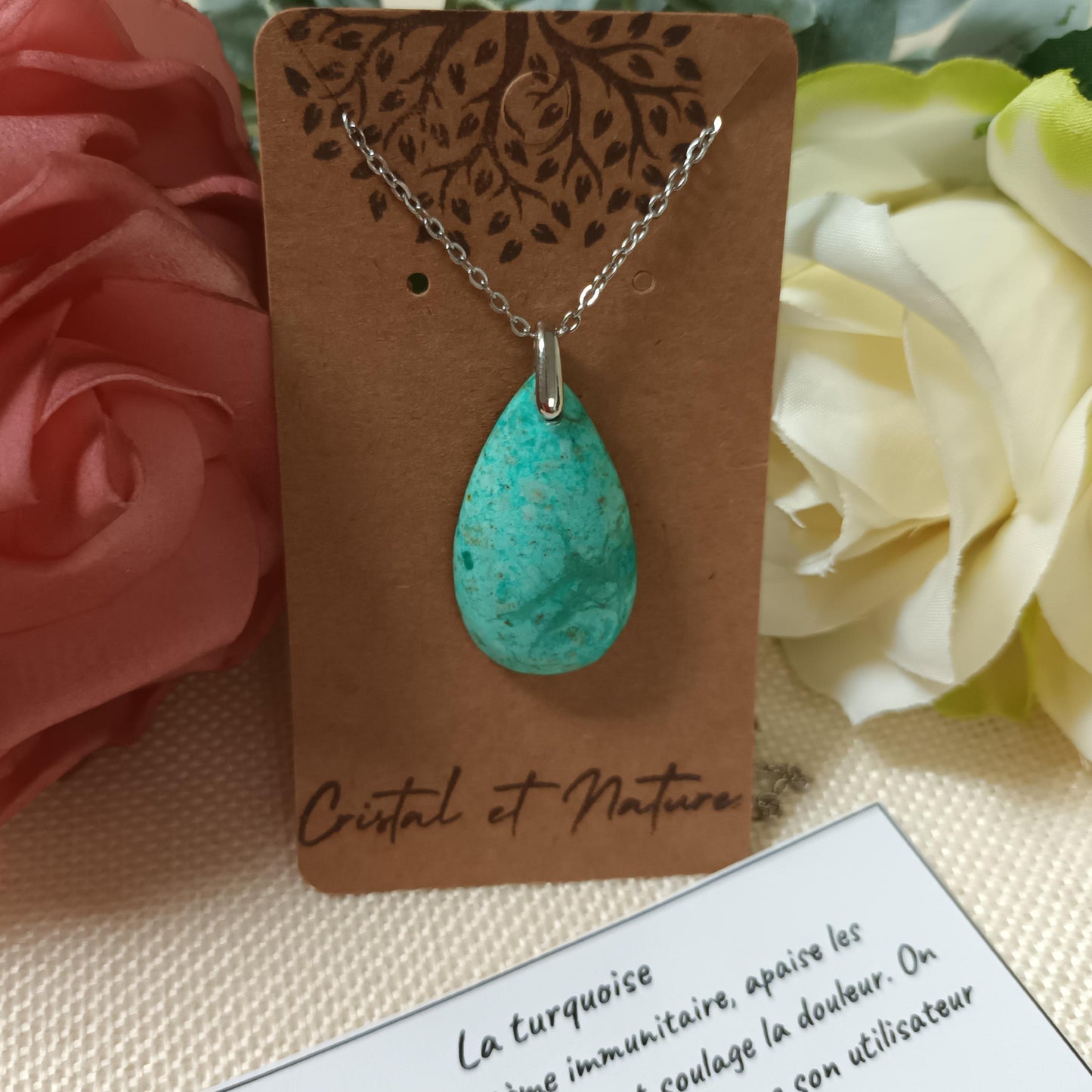 Pendentif turquoise du Pérou 3,4 × 1,9 cm - chaîne acier inox argent