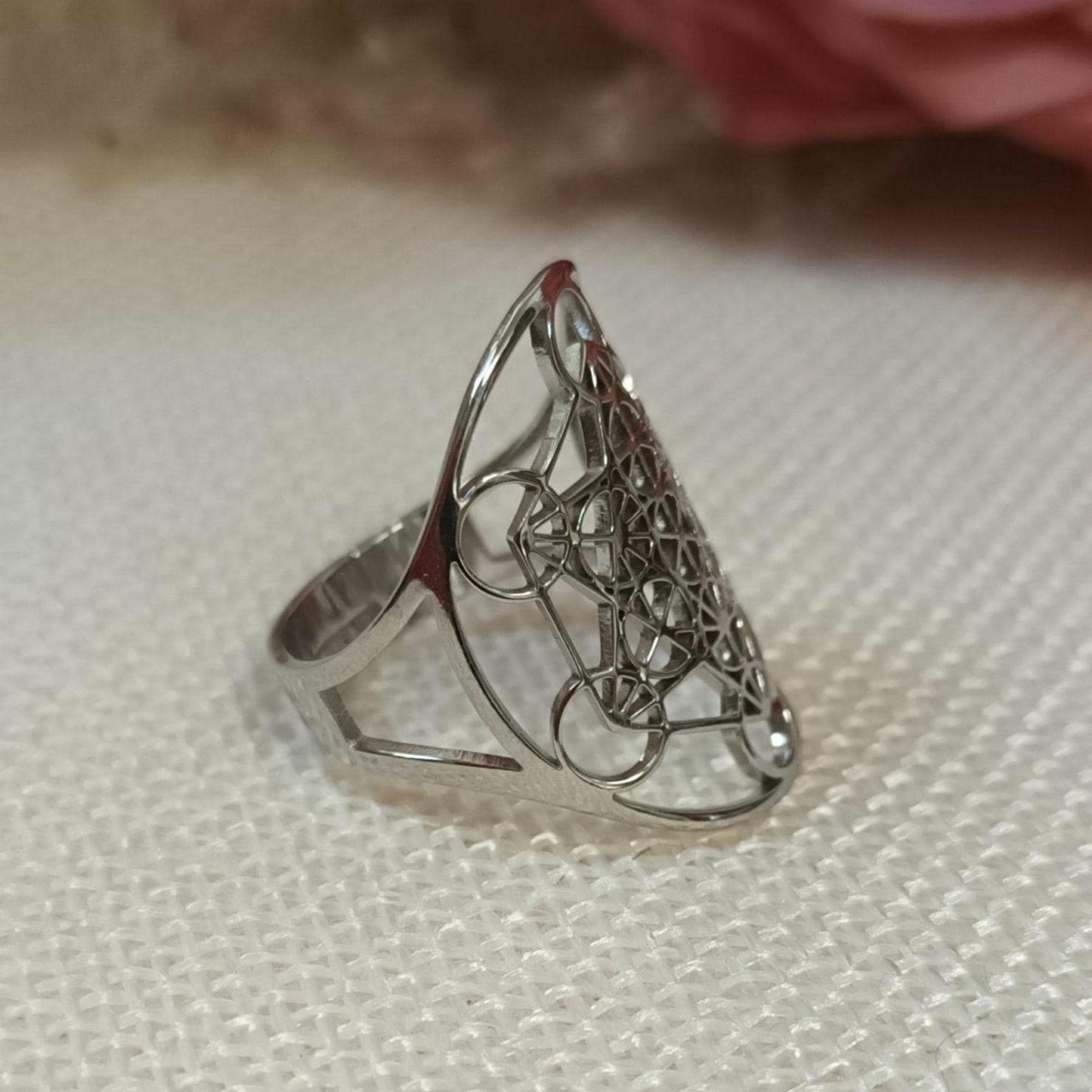 Bague cube de Métatron réglable – acier inoxydable argenté – géométrie sacrée