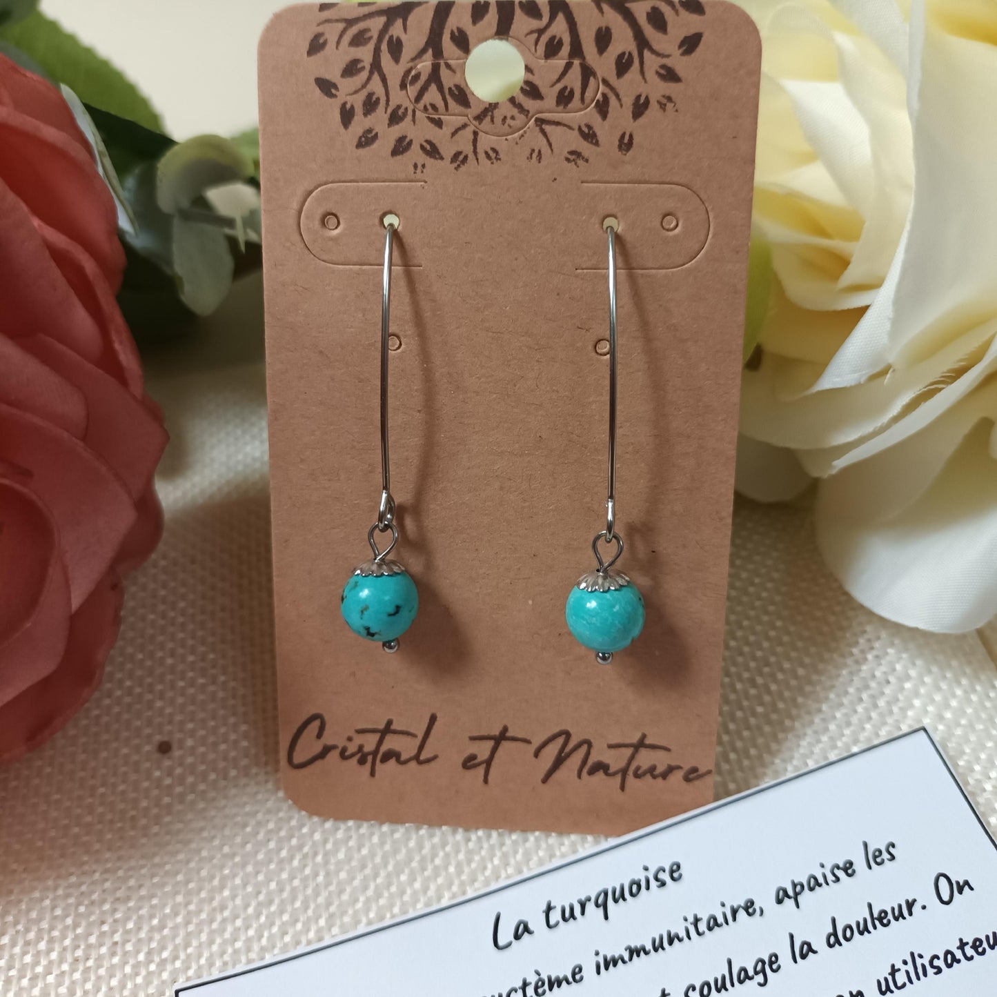 Boucles d’oreilles turquoise et acier inox - 4,5 × 0,8 cm