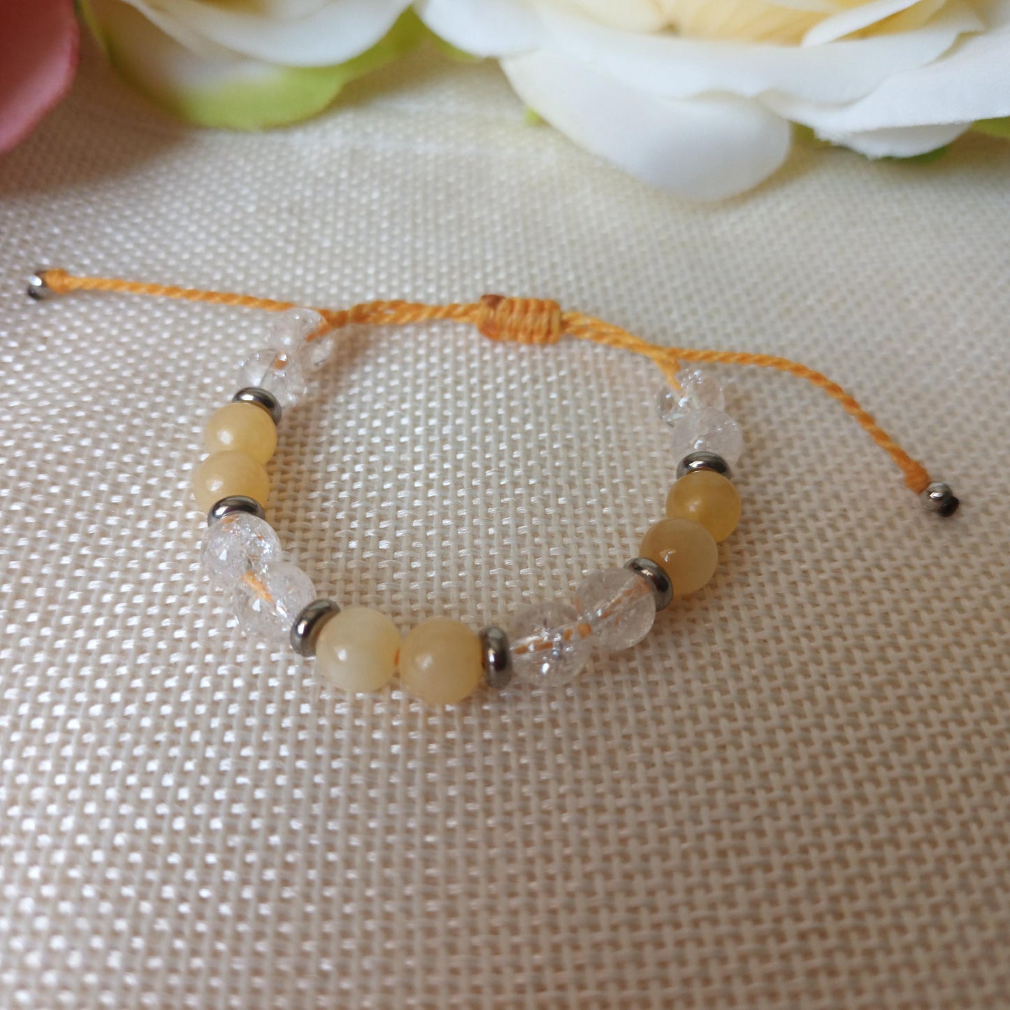 Bracelet calcite jaune et cristal de roche perles 6 mm - réglable - enfant