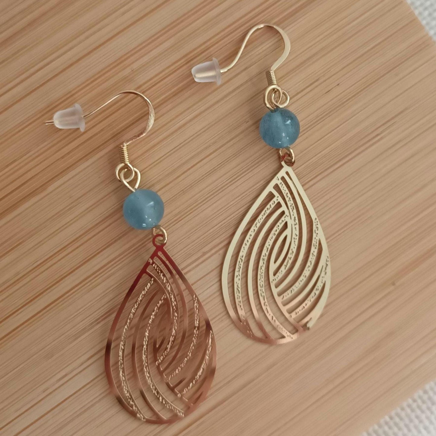 Boucles d’oreilles aigue‑marine – pendantes 5,6 cm – acier inoxydable doré
