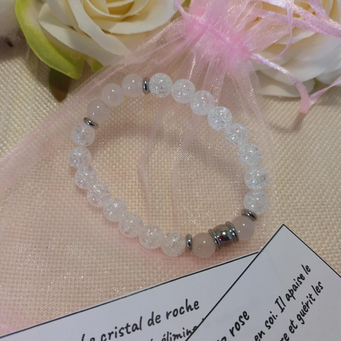 Bracelet cristal de roche craquelé et quartz rose 8 mm - perles acier inox - élastique 15,5 cm
