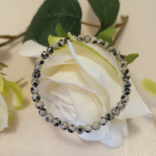 Bracelet jaspe dalmatien 4 mm  - perle acier inox – élastique 15 cm