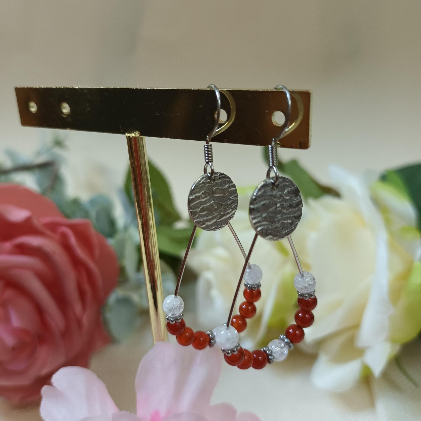 Boucles d’oreilles cornaline et cristal de roche - acier inox argent - 5,8 cm