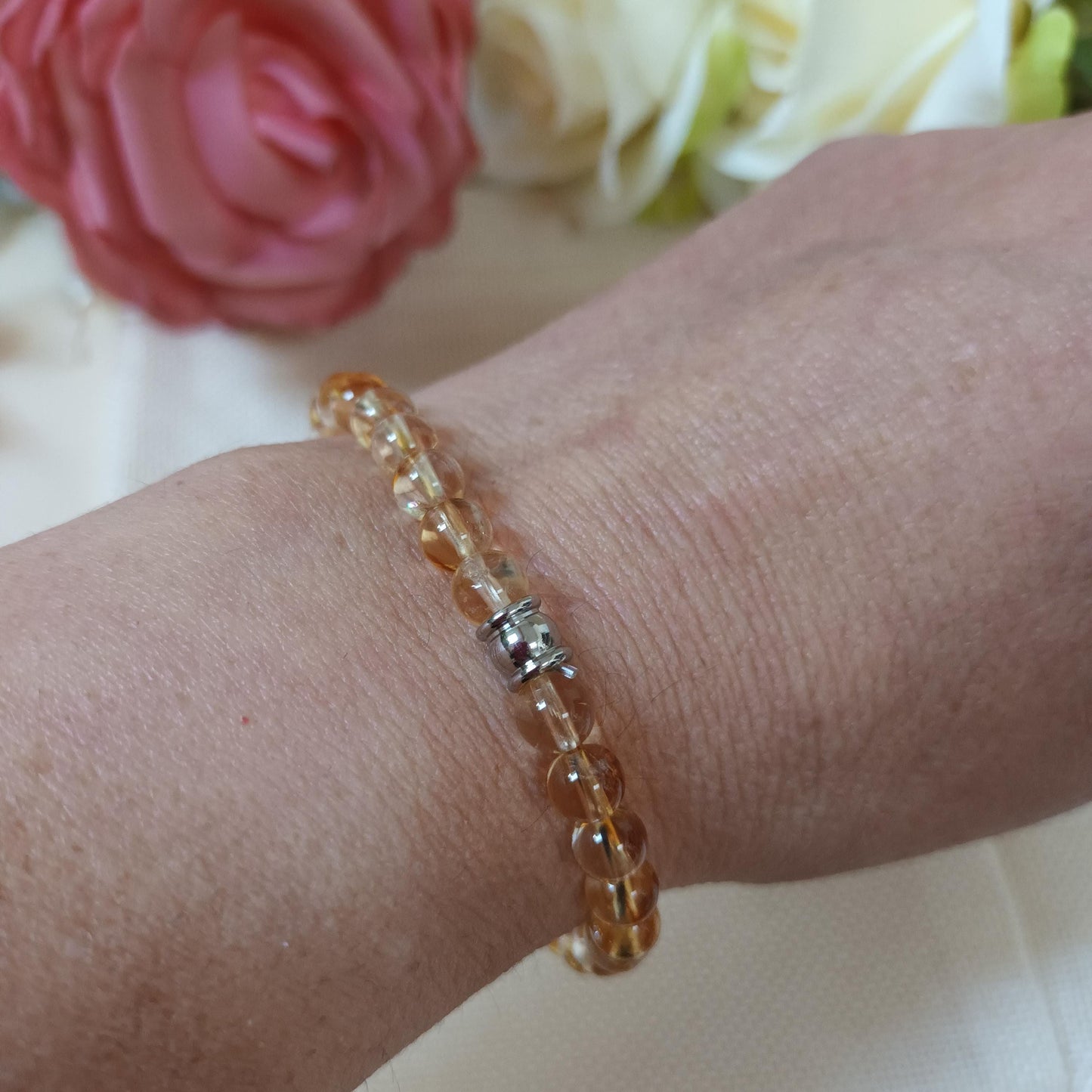 Bracelet citrine 6 mm - perle acier inox – élastique