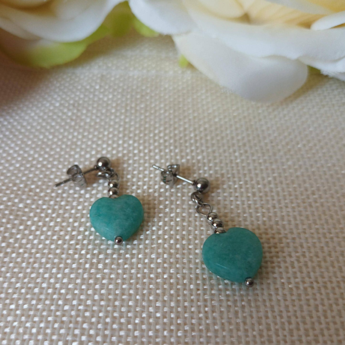 Boucles d’oreilles amazonite - cœur - acier inox - 3,2 cm