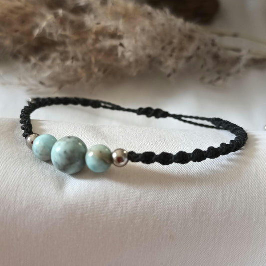 Bracelet micro‑macramé larimar – perles 8 mm et 6 mm – ajustable