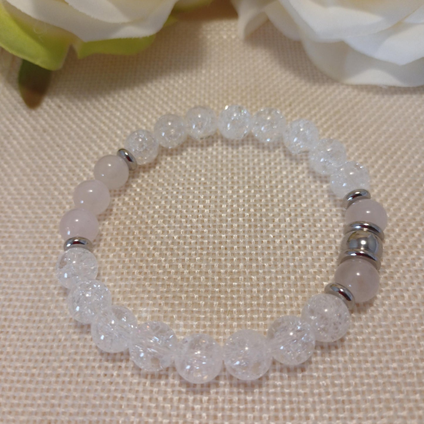 Bracelet cristal de roche craquelé et quartz rose 8 mm - perles acier inox - élastique 15,5 cm
