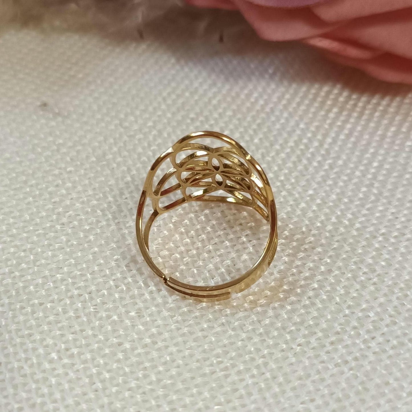 Bague fleur de vie dorée réglable – acier inoxydable or