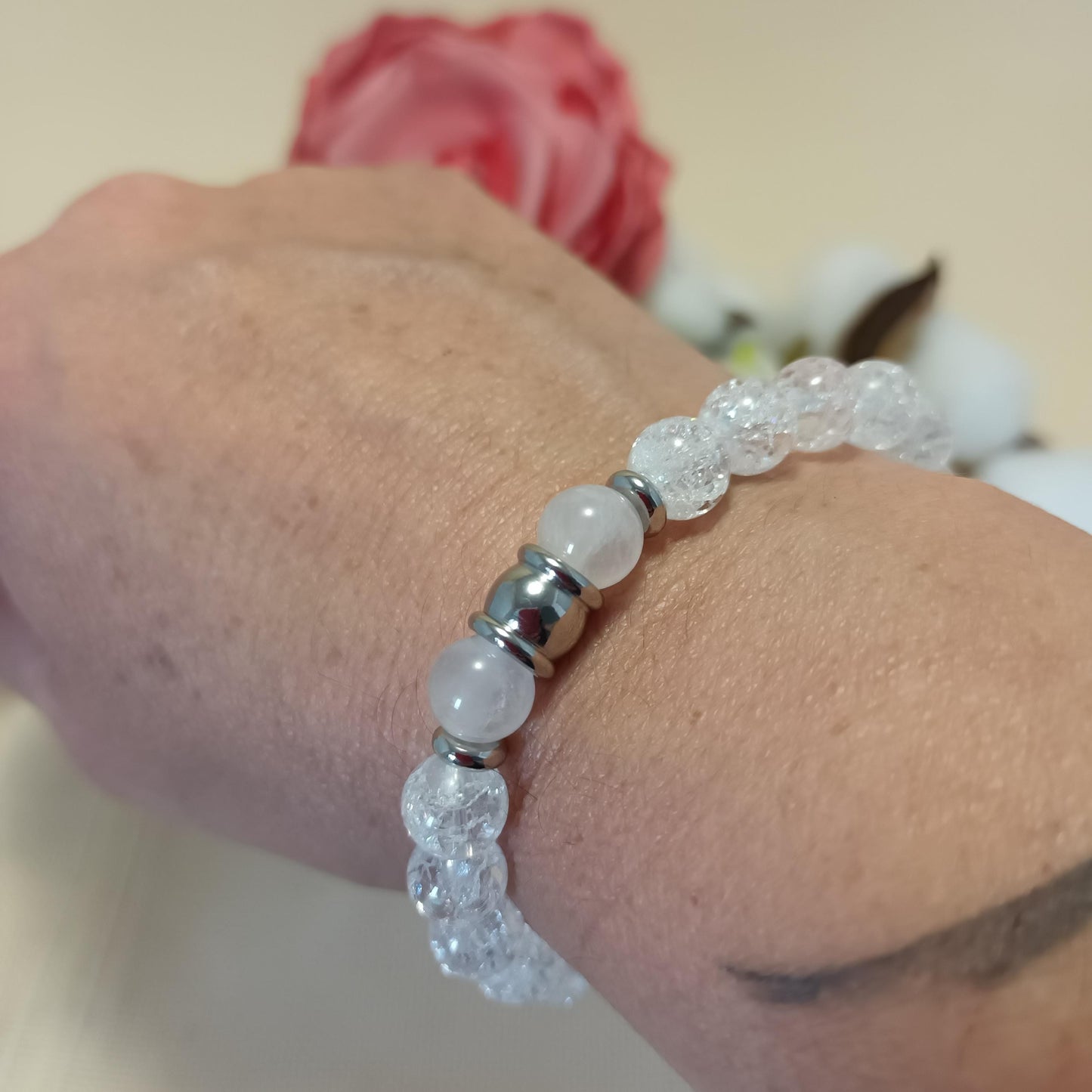 Bracelet cristal de roche craquelé et quartz rose 8 mm - perles acier inox - élastique 15,5 cm