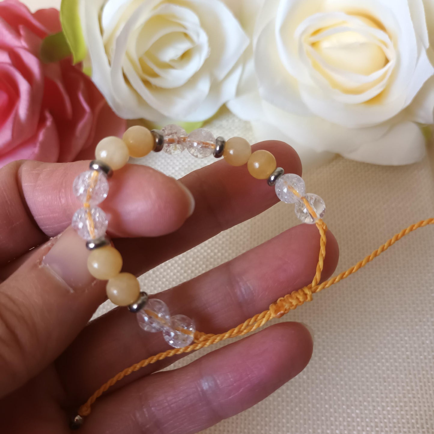 Bracelet calcite jaune et cristal de roche perles 6 mm - réglable - enfant