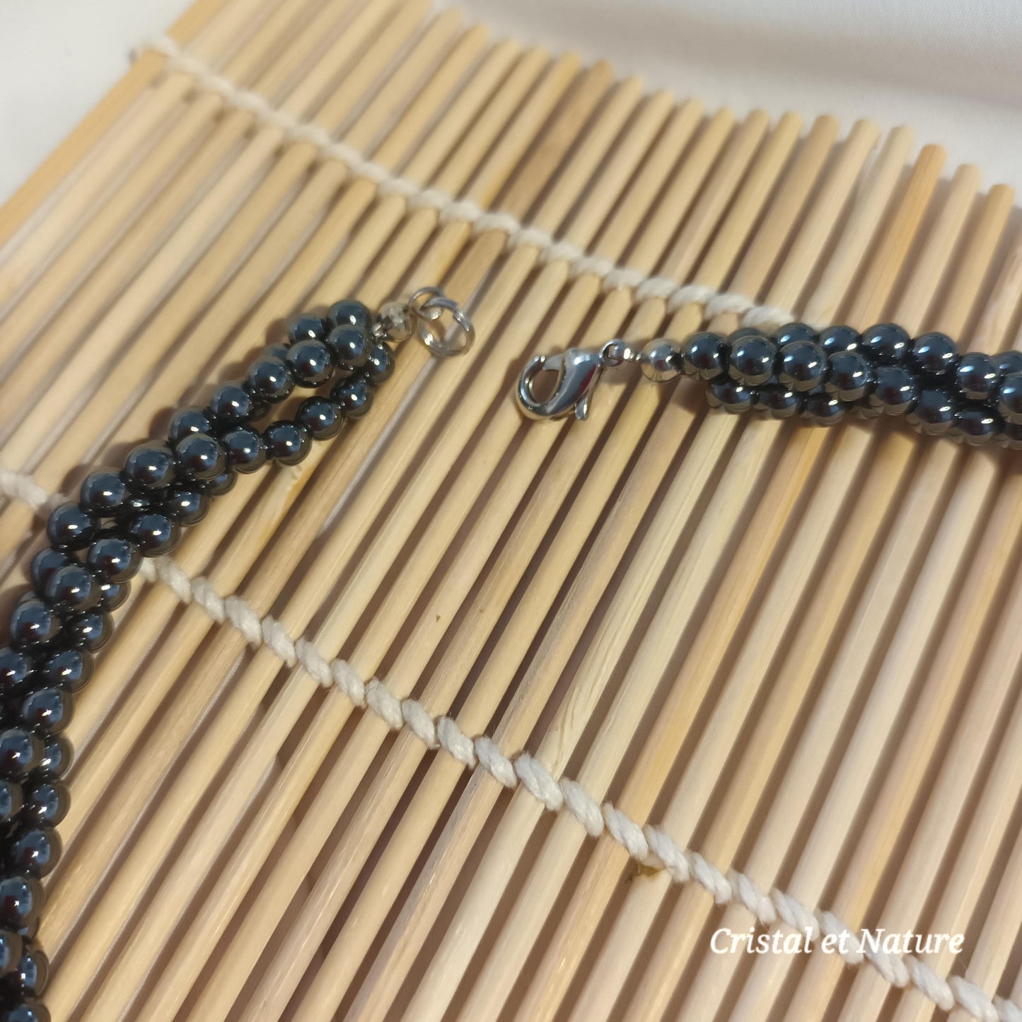 Collier quartz rose et hématite – cœur central – acier inoxydable