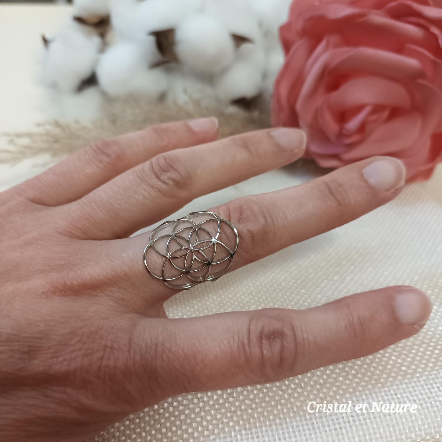 Bague fleur de vie réglable – acier inoxydable argenté