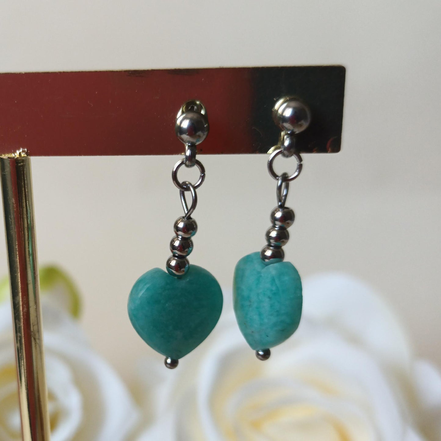 Boucles d’oreilles amazonite - cœur - acier inox - 3,2 cm