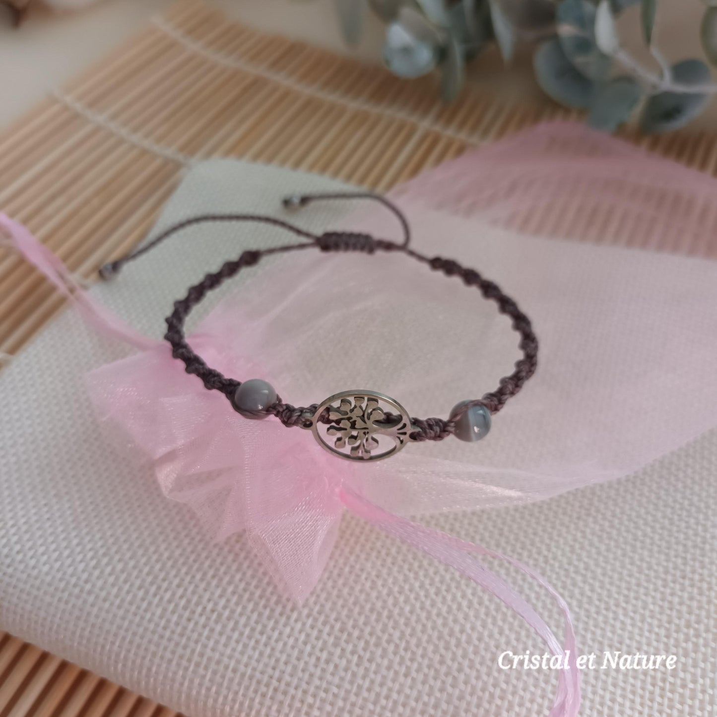 Bracelet micro‑macramé arbre de vie argent – agate Botswana 6 mm – ajustable