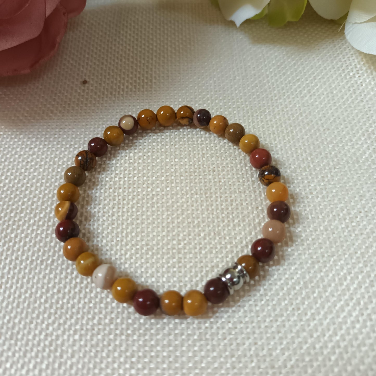 Bracelet jaspe mokaite 6 mm- perle acier inox – élastique