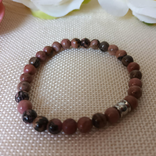 Bracelet rhodonite 6 mm - perle acier inox - élastique