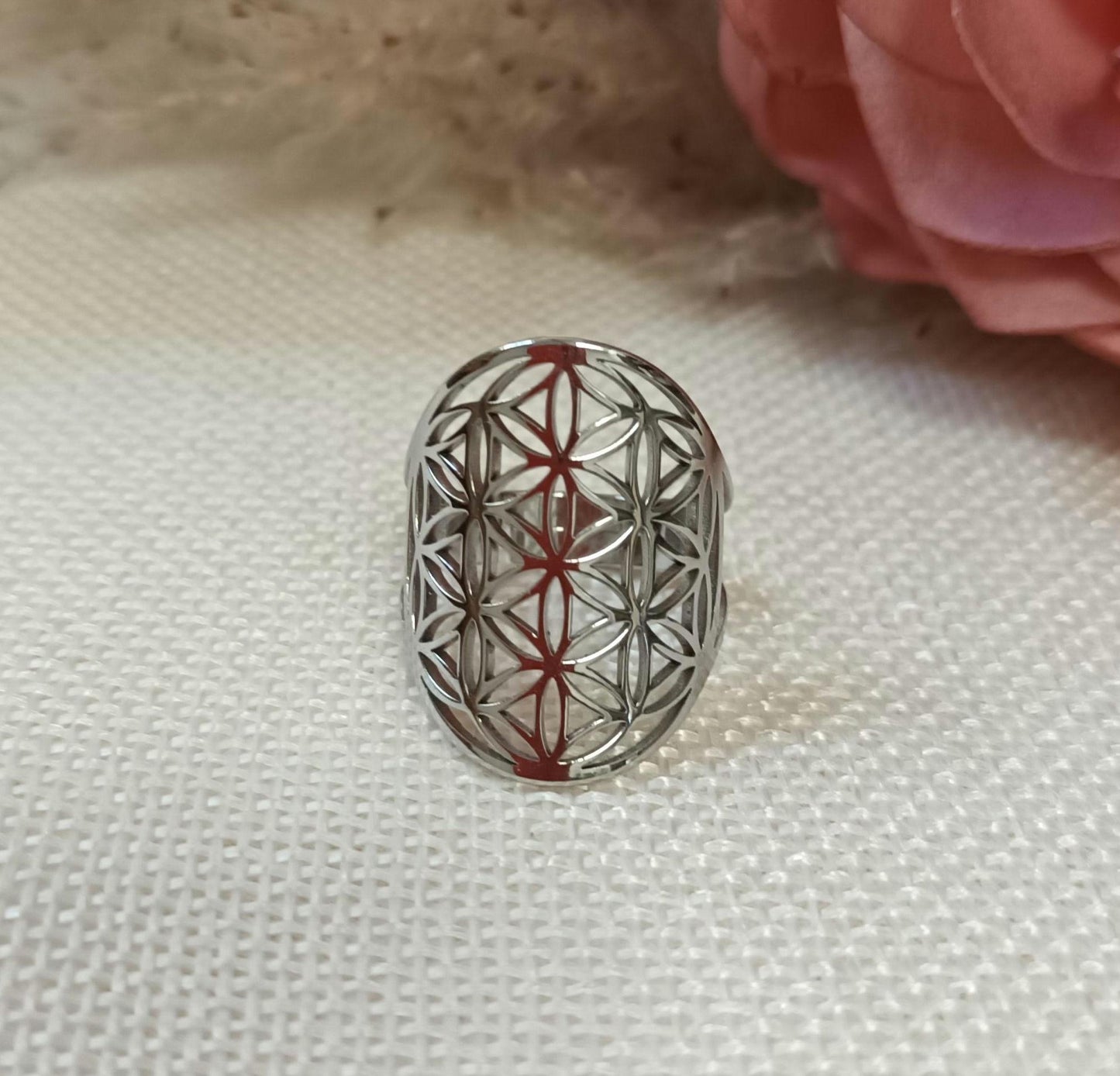 Bague fleur de vie réglable – acier inoxydable argenté