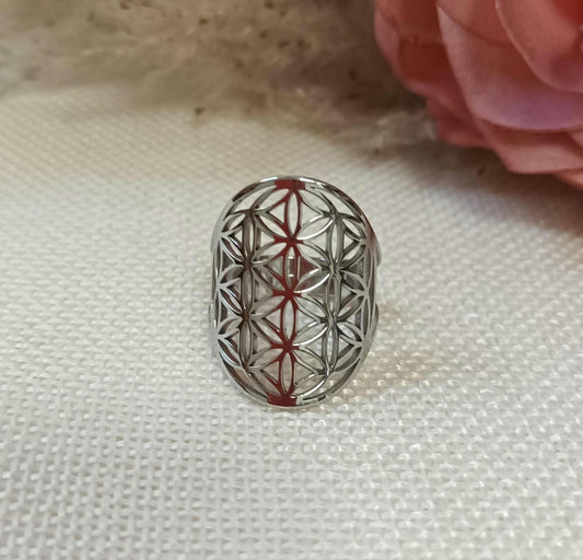 Bague fleur de vie réglable – acier inoxydable argenté