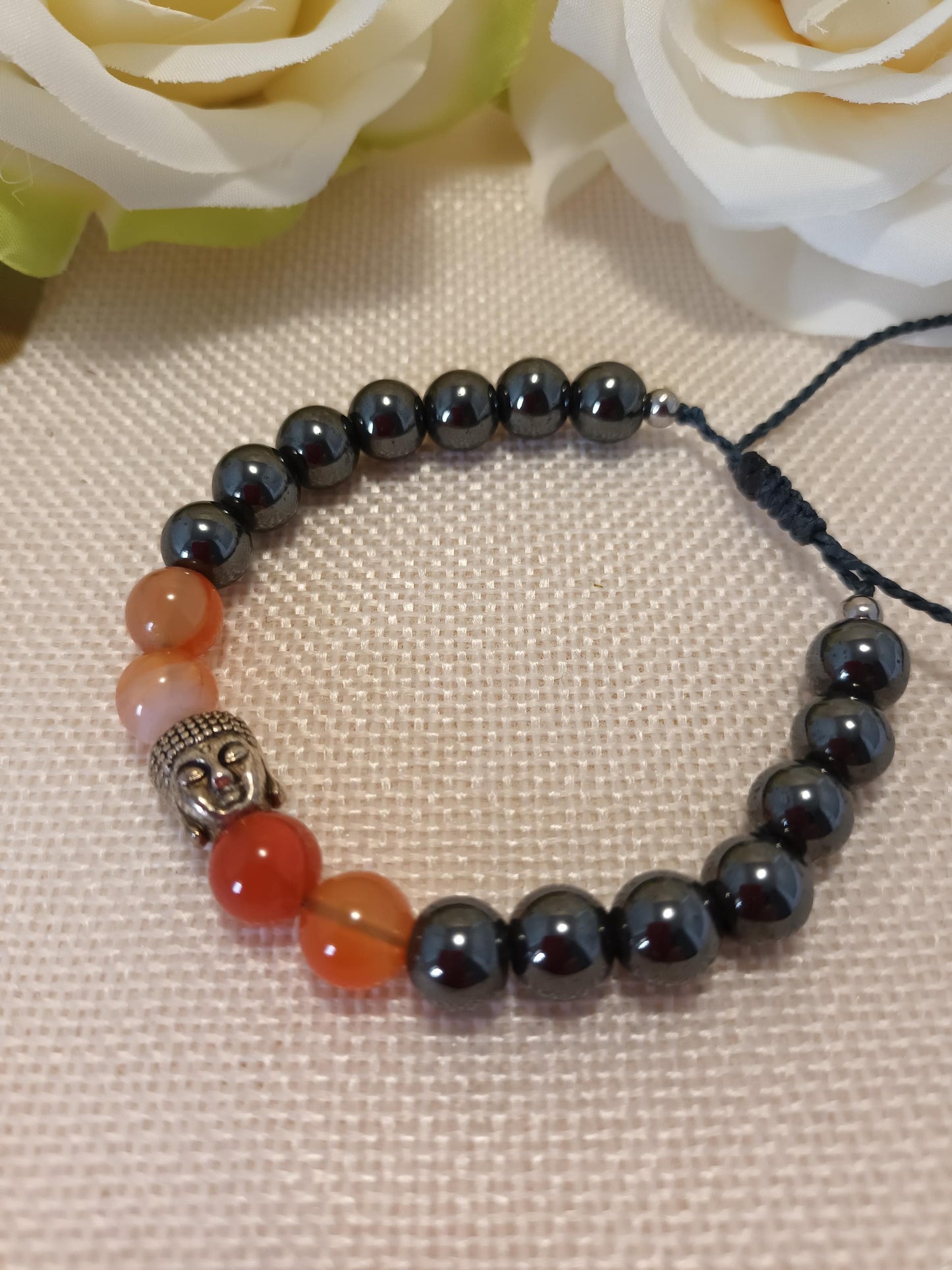 Bracelet hématite et cornaline 8 mm - Bouddha acier inox - ajustable